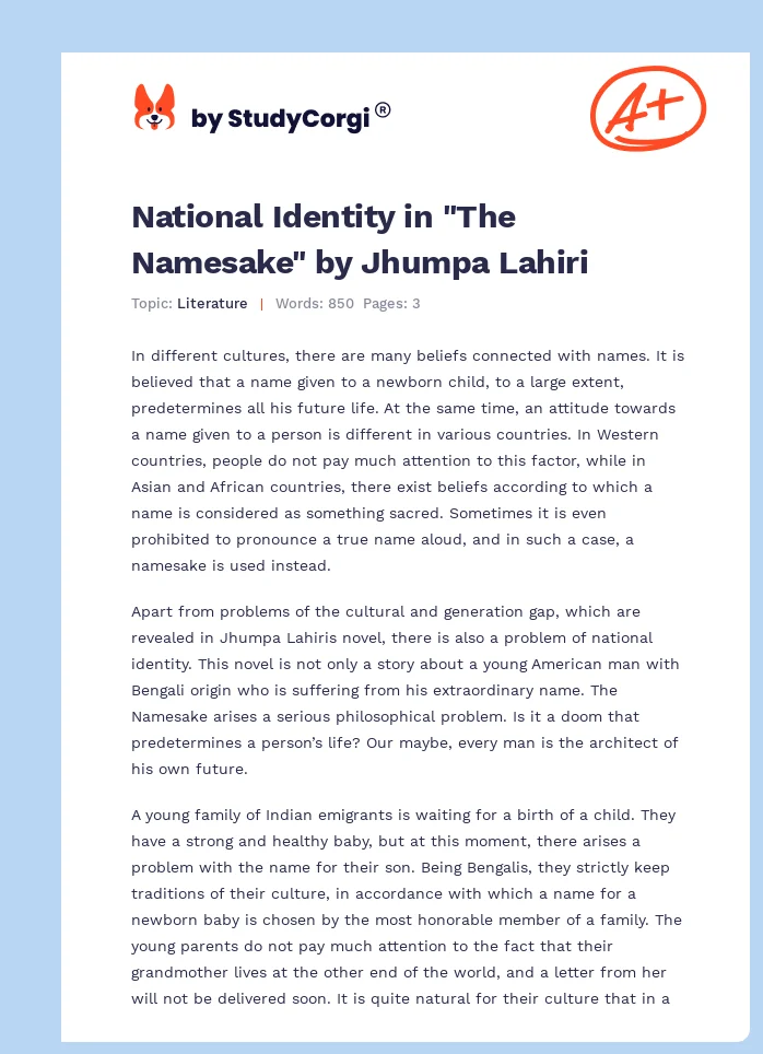 National Identity in "The Namesake" by Jhumpa Lahiri. Page 1