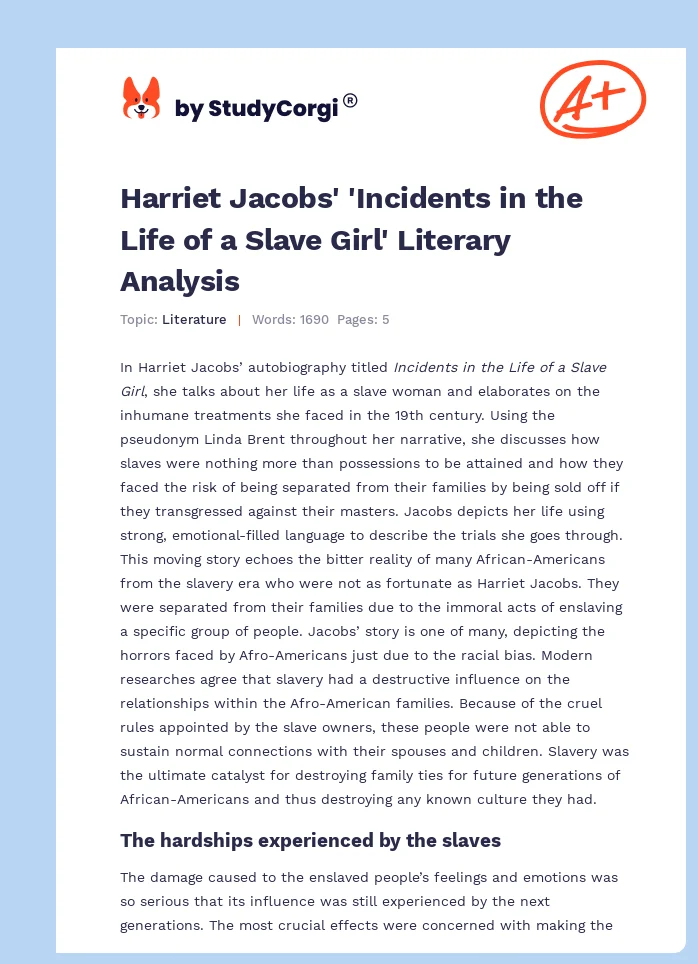 Harriet Jacobs' 'Incidents in the Life of a Slave Girl' Literary Analysis. Page 1