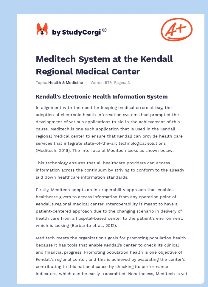 Meditech System at the Kendall Regional Medical Center. Page 1