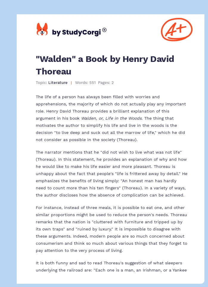 "Walden" a Book by Henry David Thoreau. Page 1