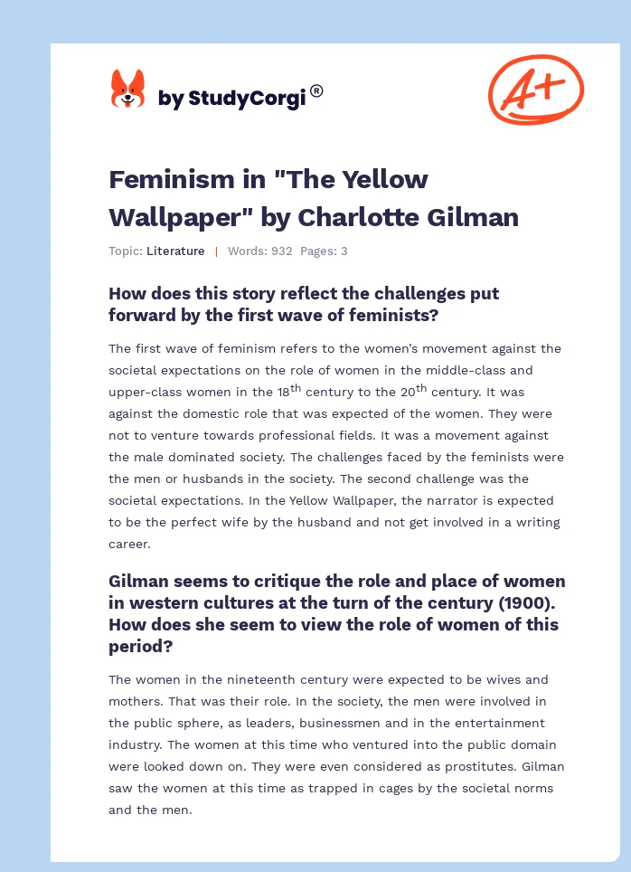 Feminism in "The Yellow Wallpaper" by Charlotte Gilman. Page 1