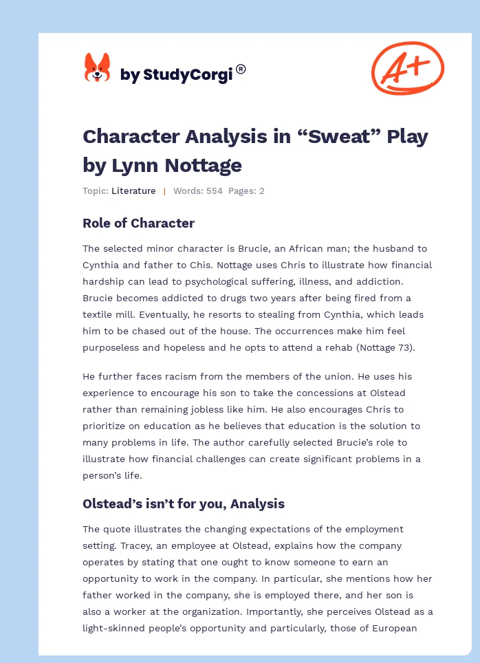 Character Analysis in “Sweat” Play by Lynn Nottage. Page 1