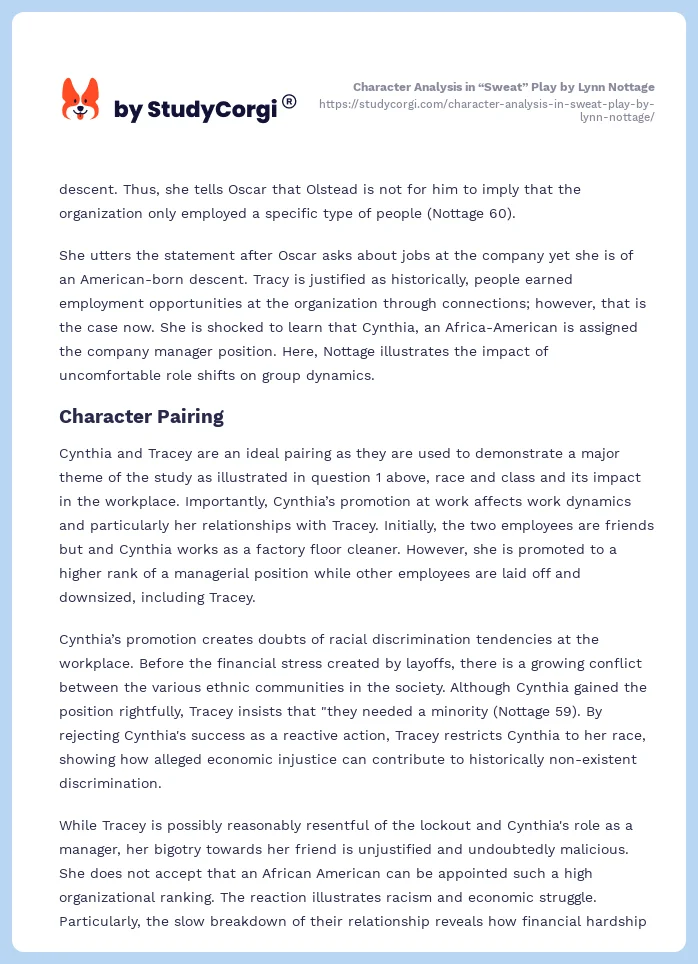 Character Analysis in “Sweat” Play by Lynn Nottage. Page 2