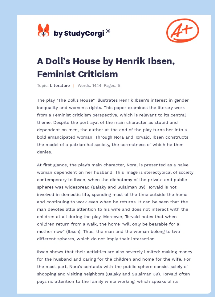 A Doll’s House by Henrik Ibsen, Feminist Criticism. Page 1