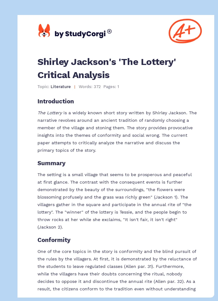 Shirley Jackson's 'The Lottery' Critical Analysis. Page 1