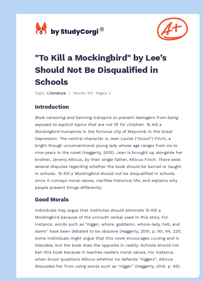 "To Kill a Mockingbird" by Lee’s Should Not Be Disqualified in Schools. Page 1