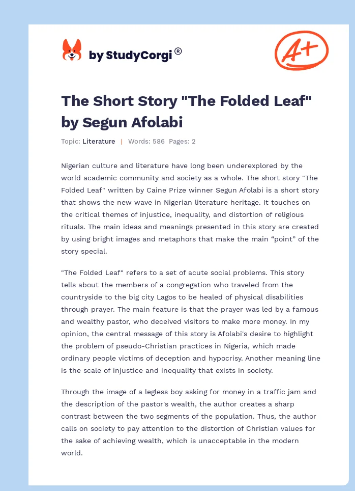 The Short Story "The Folded Leaf" by Segun Afolabi. Page 1