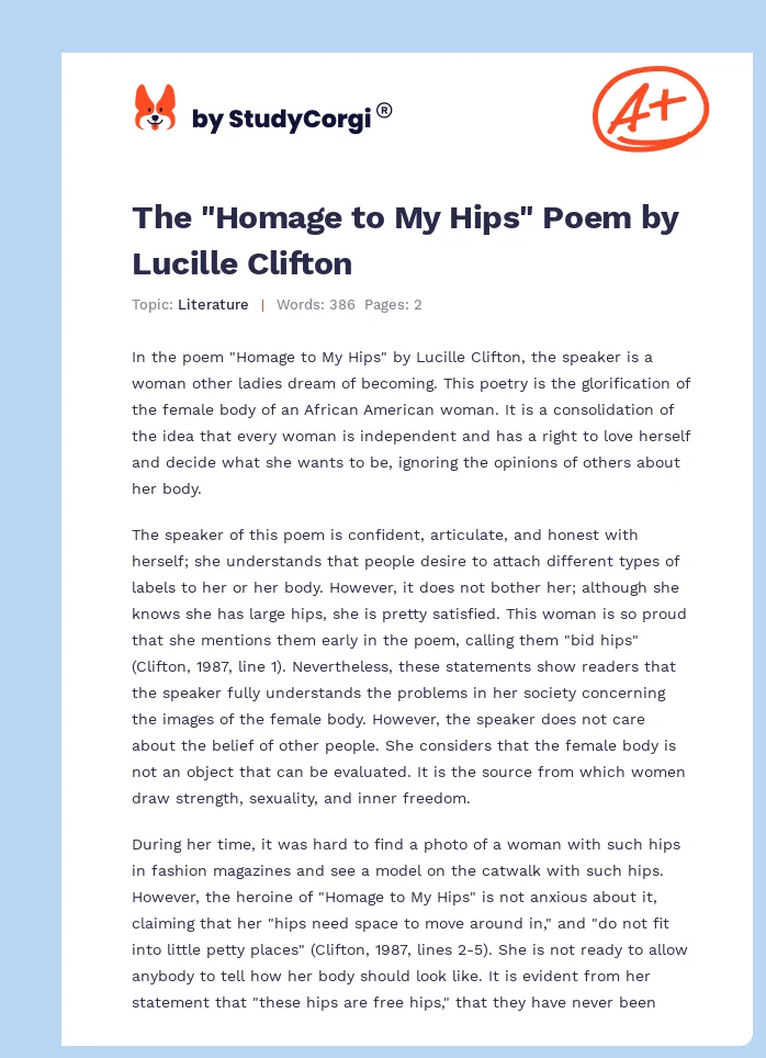 The "Homage to My Hips" Poem by Lucille Clifton. Page 1