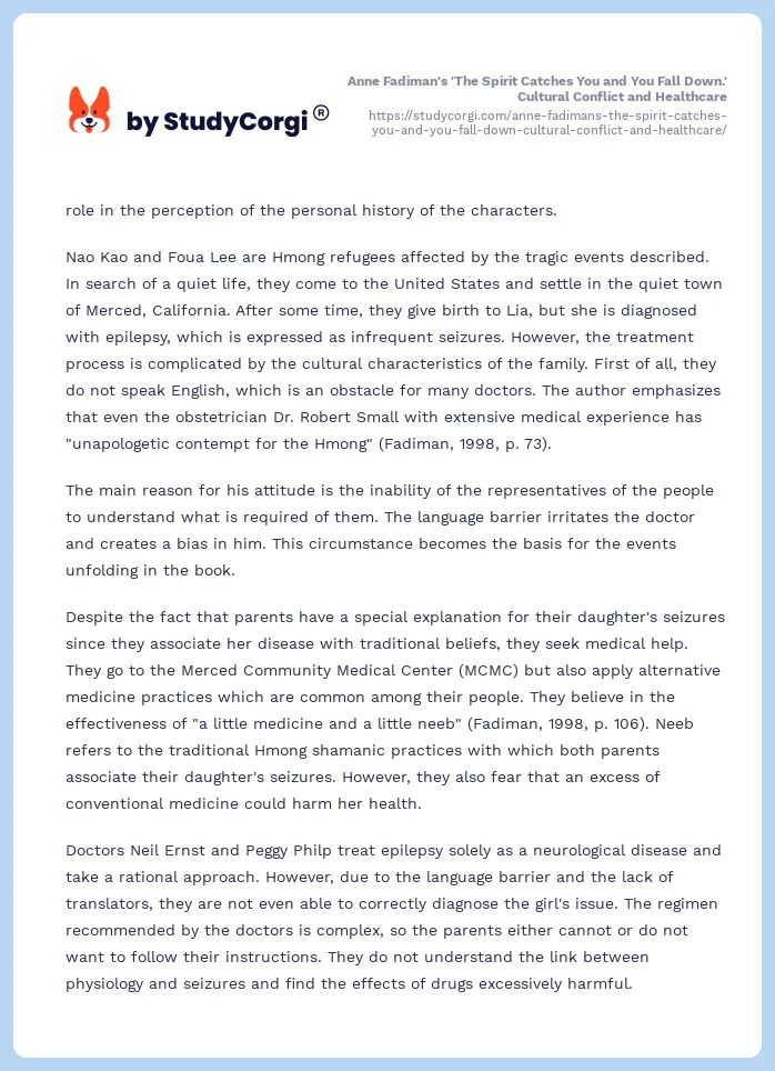 Anne Fadiman's 'The Spirit Catches You and You Fall Down.' Cultural Conflict and Healthcare. Page 2