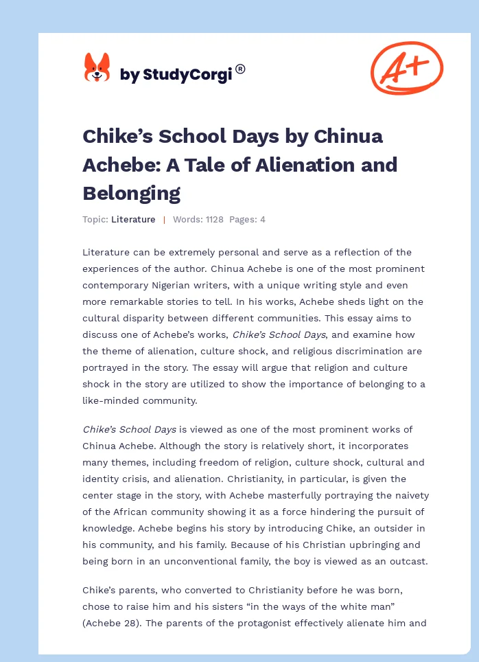 Chike’s School Days by Chinua Achebe: A Tale of Alienation and Belonging. Page 1