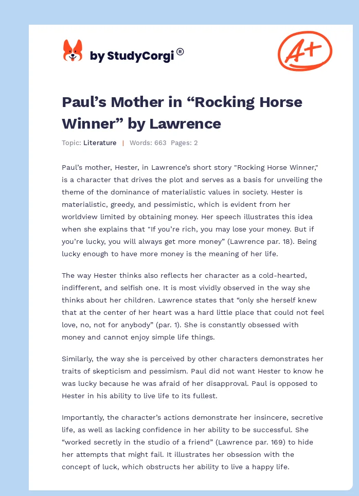 Paul’s Mother in “Rocking Horse Winner” by Lawrence. Page 1