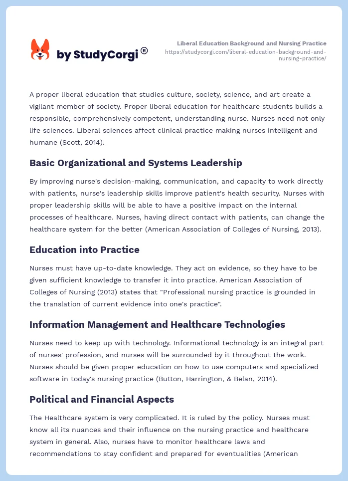 Liberal Education Background and Nursing Practice. Page 2