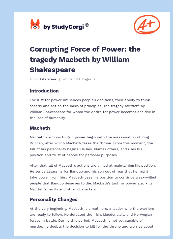 Corrupting Force of Power: the tragedy Macbeth by William Shakespeare. Page 1