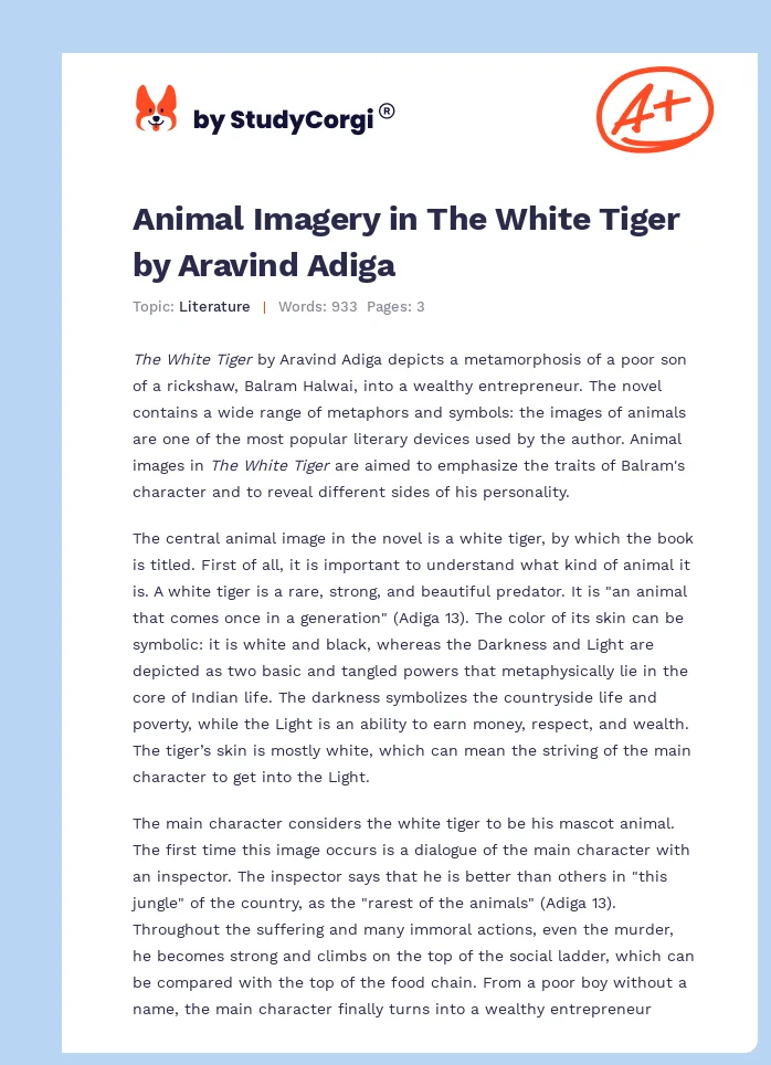 Animal Imagery in The White Tiger by Aravind Adiga. Page 1