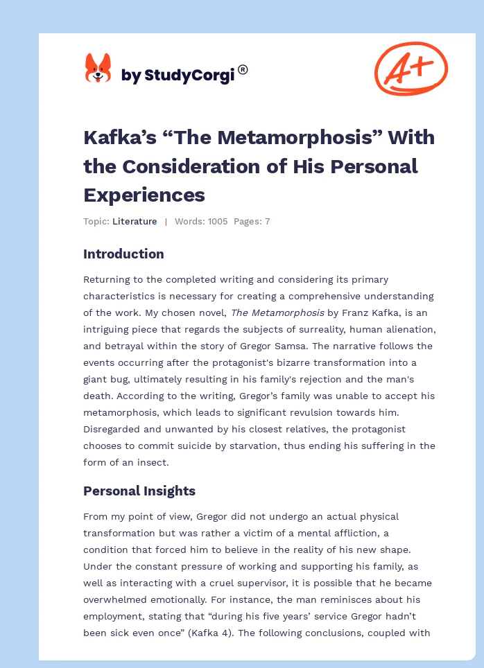 Kafka’s “The Metamorphosis” With the Consideration of His Personal Experiences. Page 1