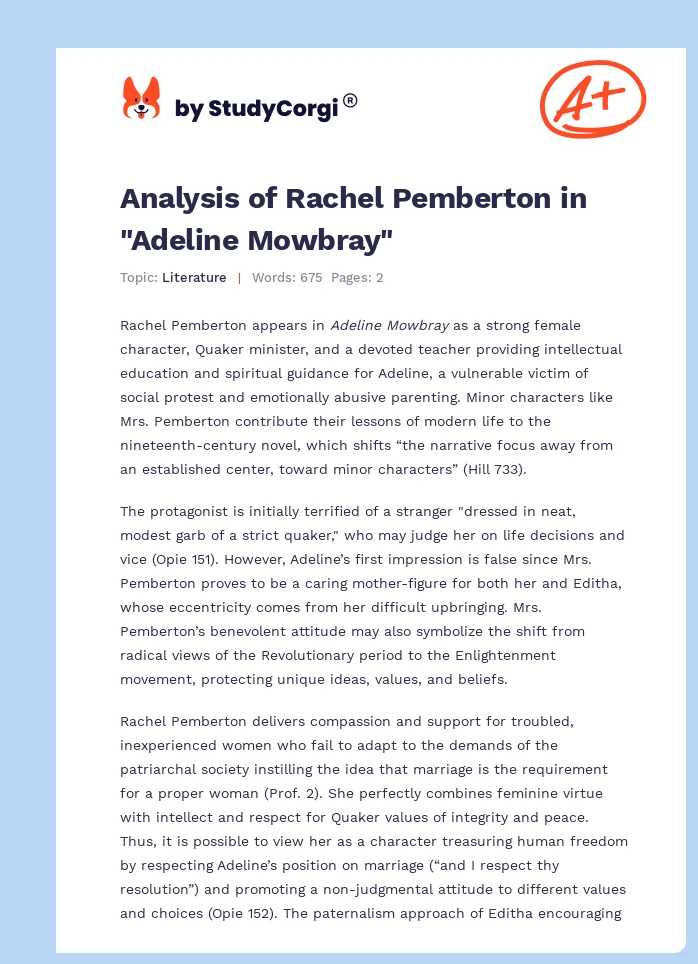 Analysis of Rachel Pemberton in "Adeline Mowbray". Page 1