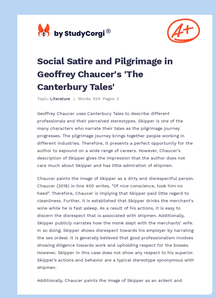 Social Satire and Pilgrimage in Geoffrey Chaucer's 'The Canterbury Tales'. Page 1