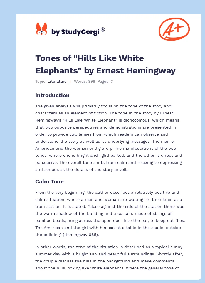 Tones of "Hills Like White Elephants" by Ernest Hemingway. Page 1