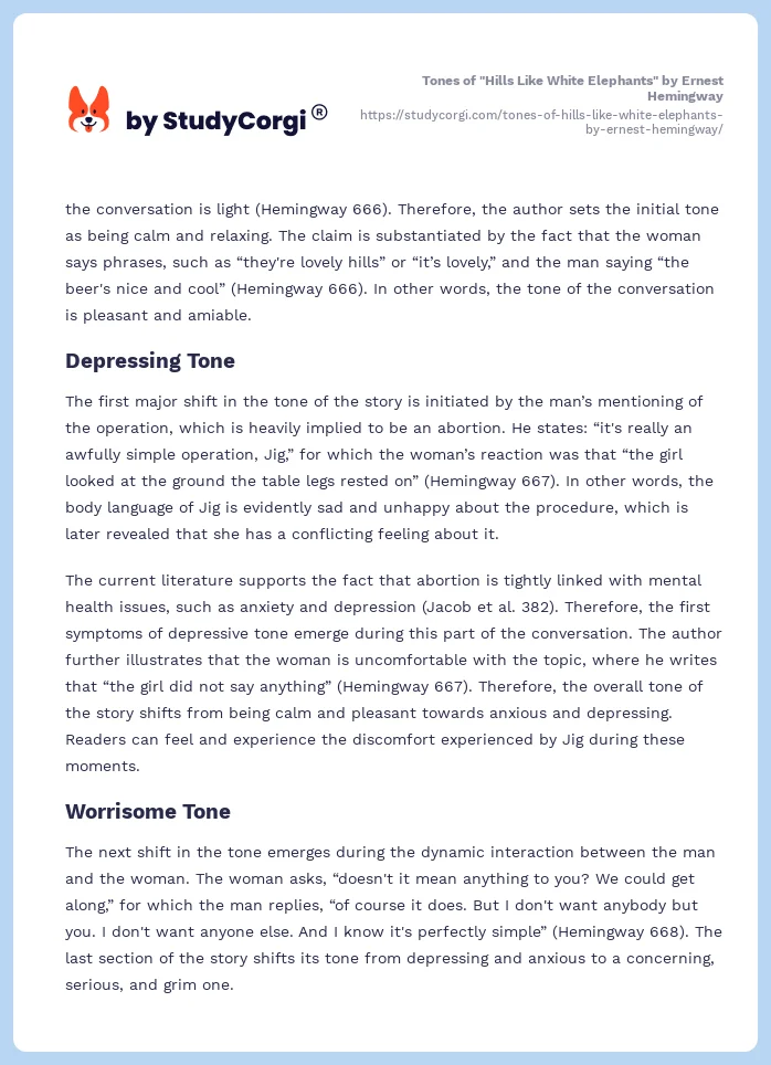 Tones of "Hills Like White Elephants" by Ernest Hemingway. Page 2