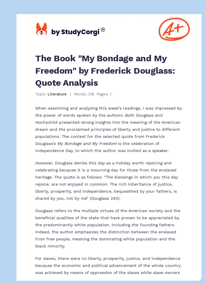 The Book "My Bondage and My Freedom" by Frederick Douglass: Quote Analysis. Page 1