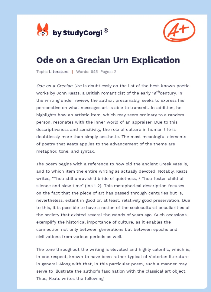 Ode on a Grecian Urn Explication. Page 1