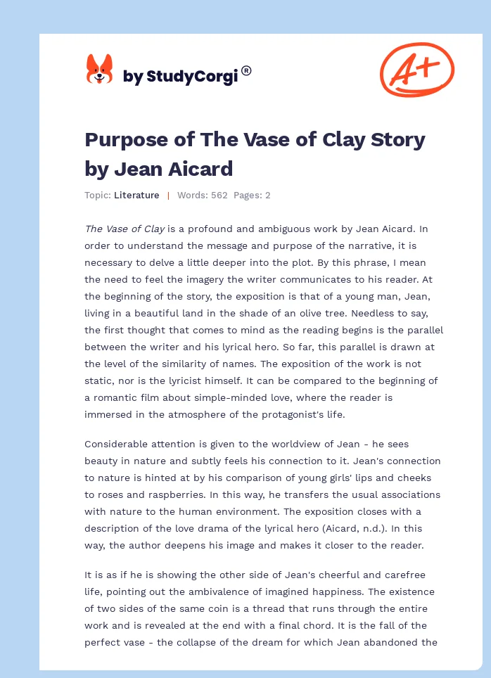 Purpose of The Vase of Clay Story by Jean Aicard. Page 1