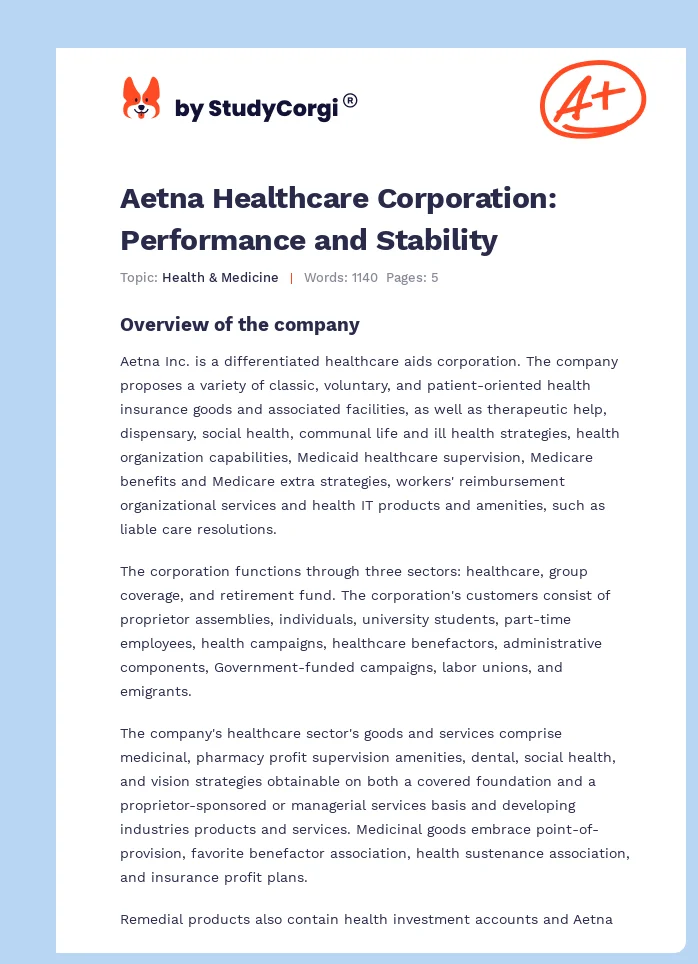 Aetna Healthcare Corporation: Performance and Stability. Page 1