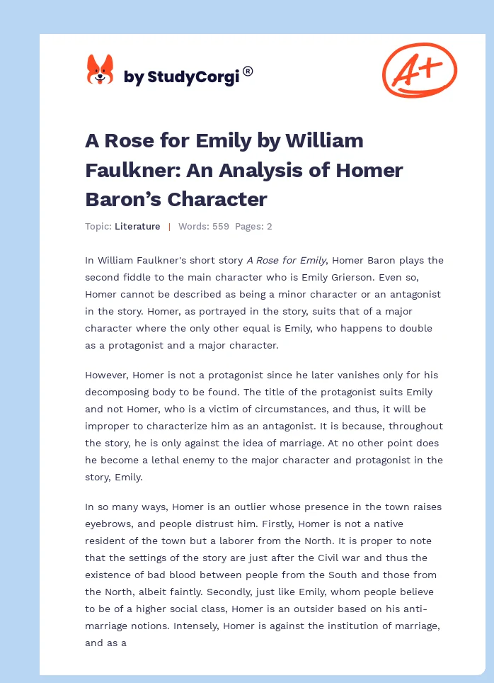 A Rose for Emily by William Faulkner: An Analysis of Homer Baron’s Character. Page 1