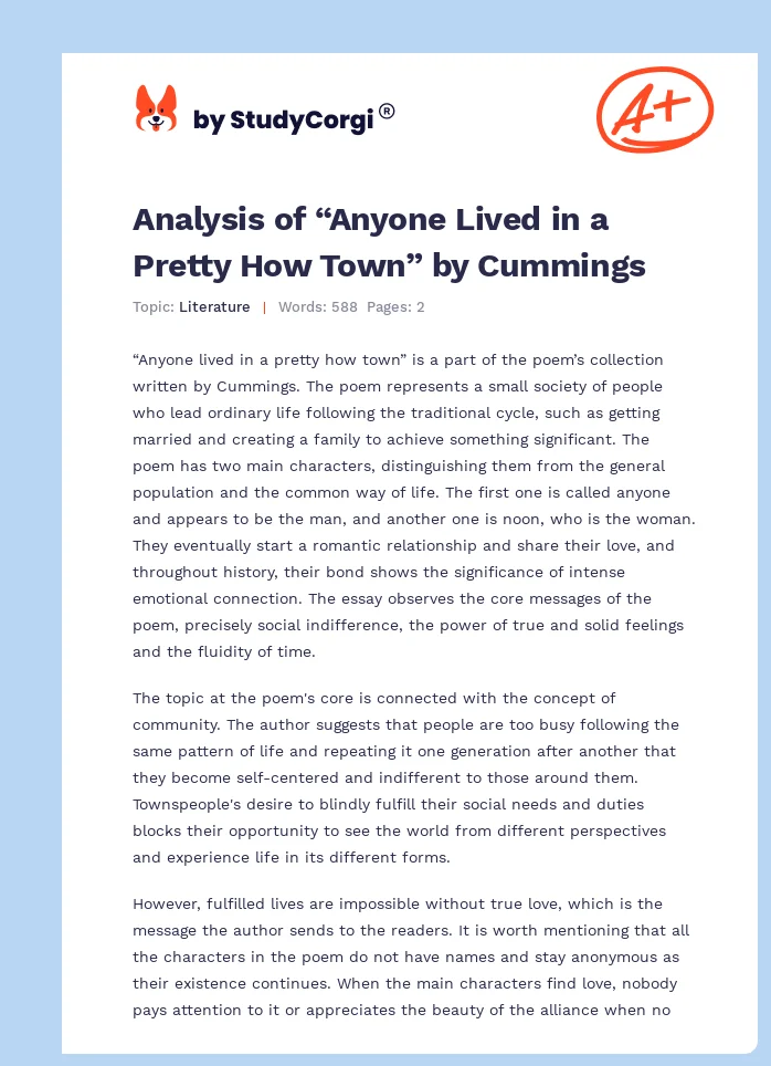 Analysis of “Anyone Lived in a Pretty How Town” by Cummings. Page 1