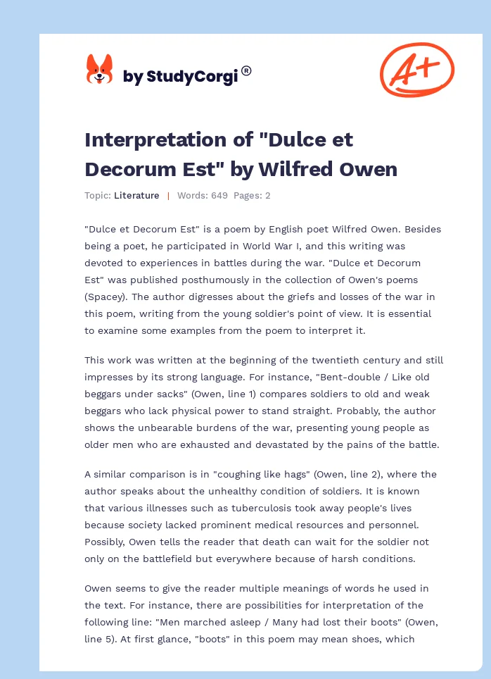 Interpretation of "Dulce et Decorum Est" by Wilfred Owen. Page 1