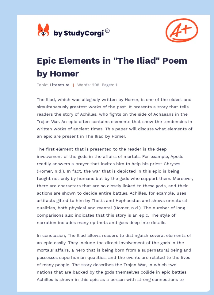 Epic Elements in "The Iliad" Poem by Homer. Page 1