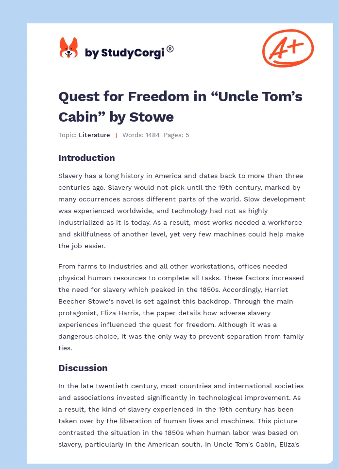 Quest for Freedom in “Uncle Tom’s Cabin” by Stowe. Page 1