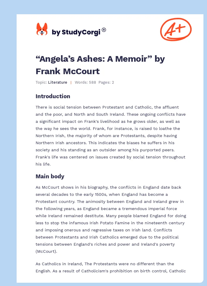 “Angela’s Ashes: A Memoir” by Frank McCourt. Page 1