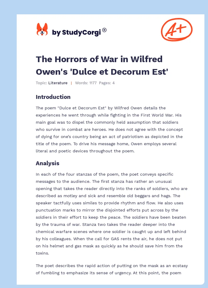 The Horrors of War in Wilfred Owen's 'Dulce et Decorum Est'. Page 1