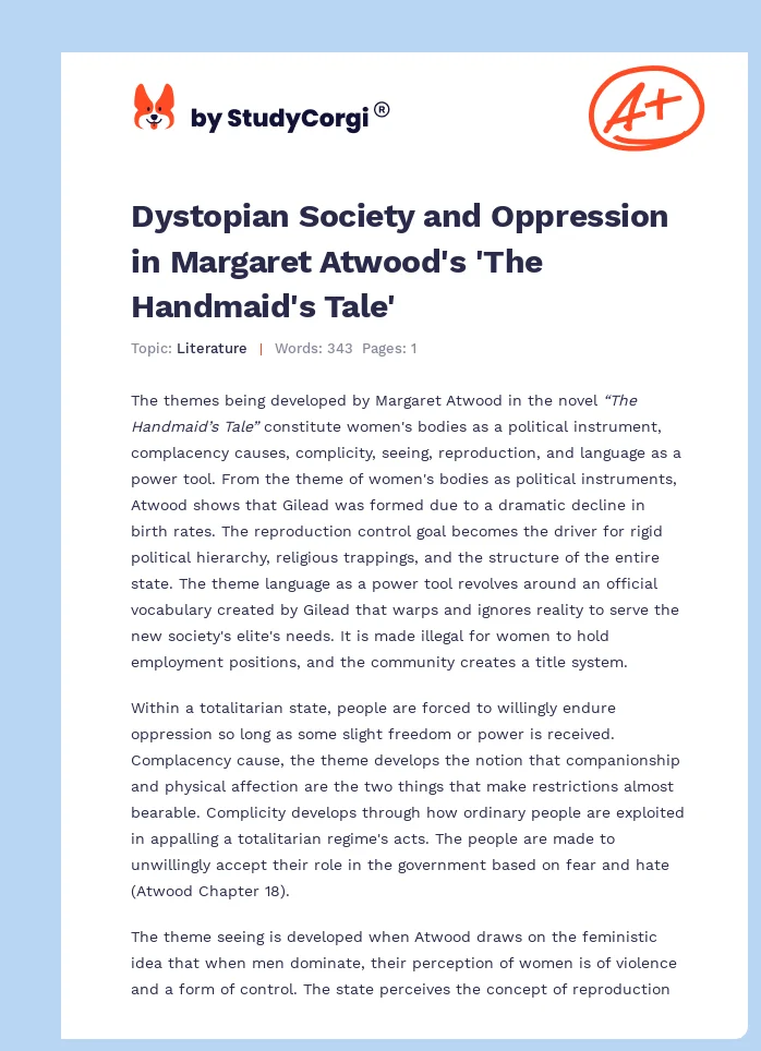 Dystopian Society and Oppression in Margaret Atwood's 'The Handmaid's Tale'. Page 1