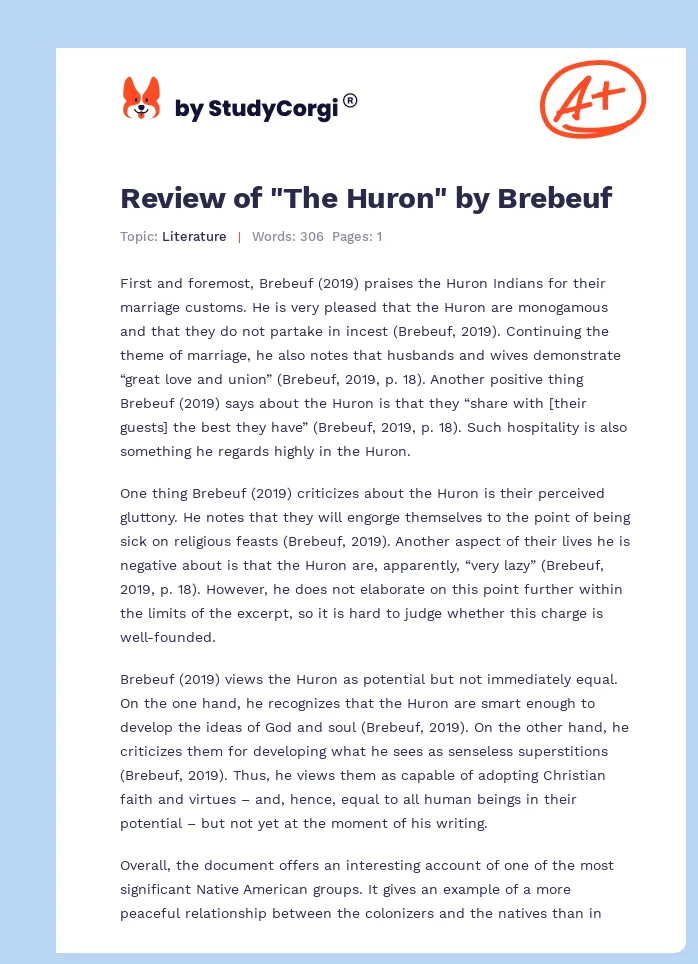 Review of "The Huron" by Brebeuf. Page 1