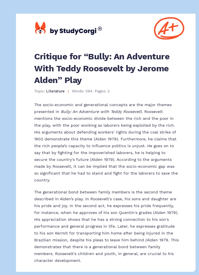 Critique for “Bully: An Adventure With Teddy Roosevelt by Jerome Alden” Play. Page 1