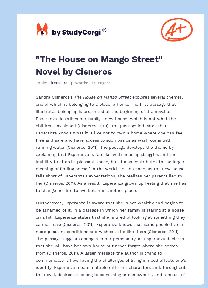 "The House on Mango Street" Novel by Cisneros. Page 1