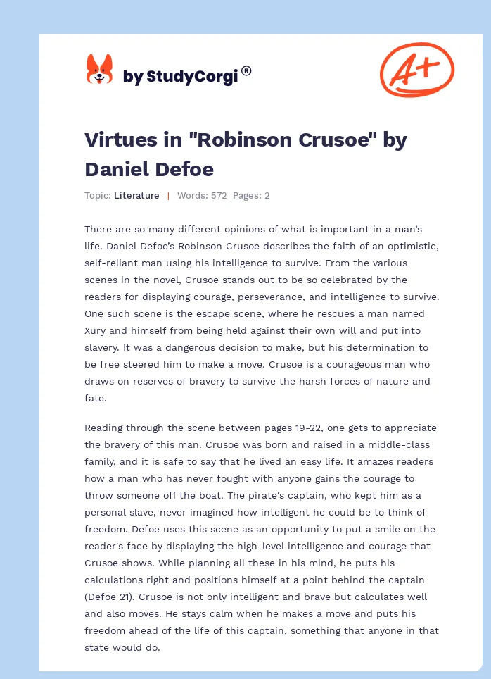 Virtues in "Robinson Crusoe" by Daniel Defoe. Page 1