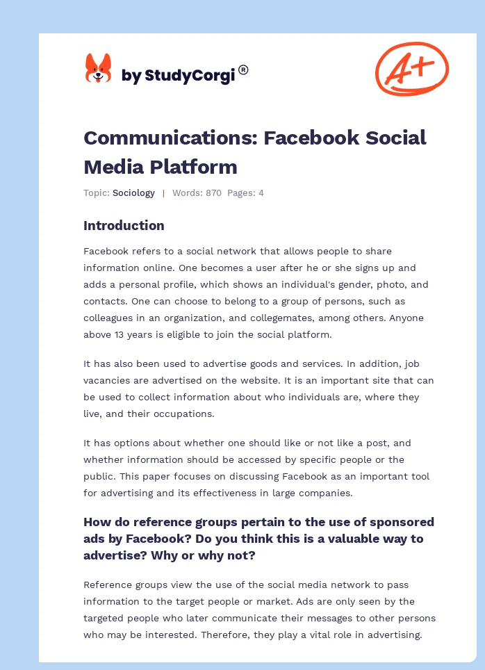 Communications: Facebook Social Media Platform. Page 1