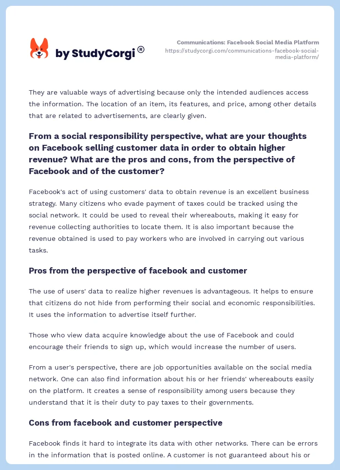 Communications: Facebook Social Media Platform. Page 2