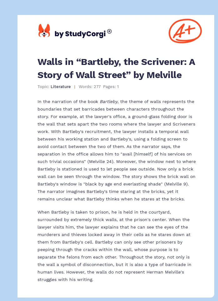 Walls in “Bartleby, the Scrivener: A Story of Wall Street” by Melville. Page 1