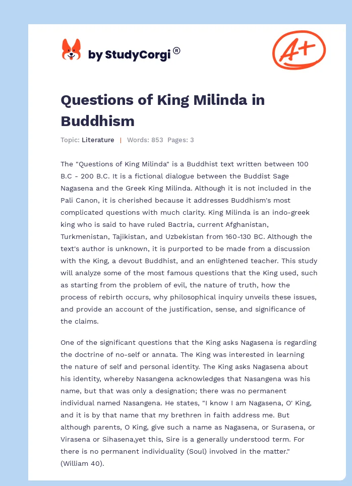 Questions of King Milinda in Buddhism. Page 1