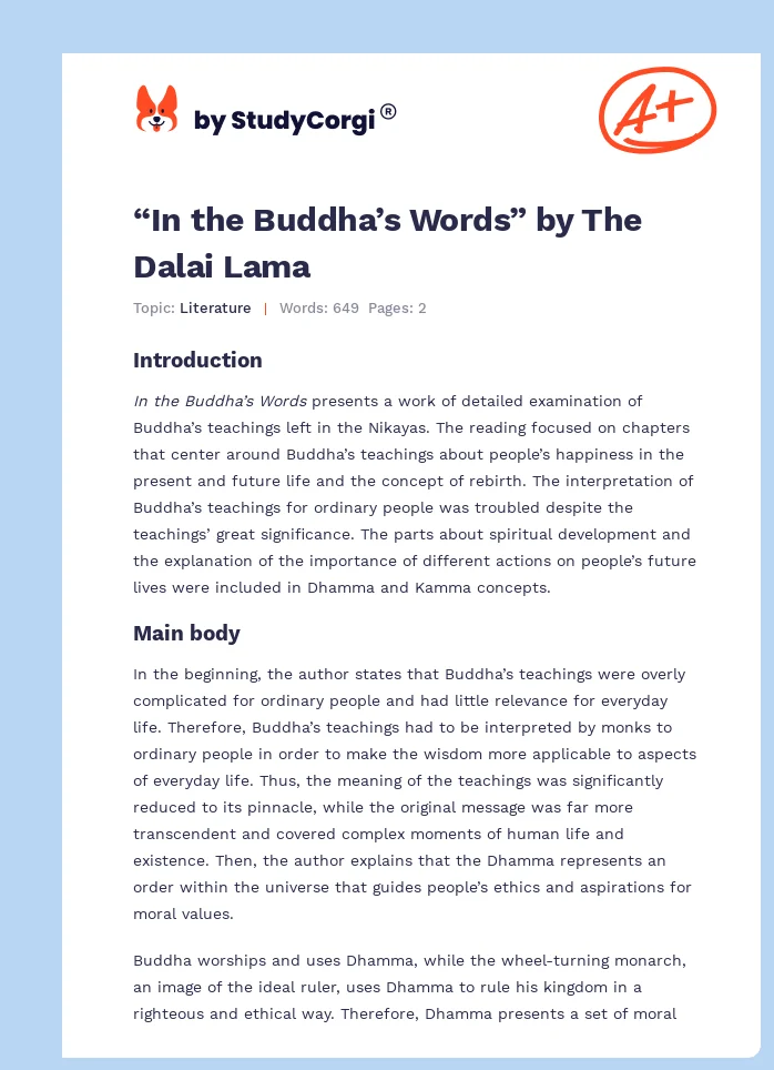 “In the Buddha’s Words” by The Dalai Lama. Page 1