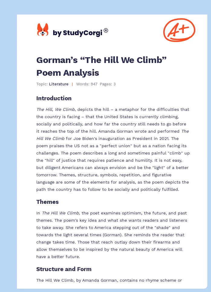 Gorman’s “The Hill We Climb” Poem Analysis. Page 1