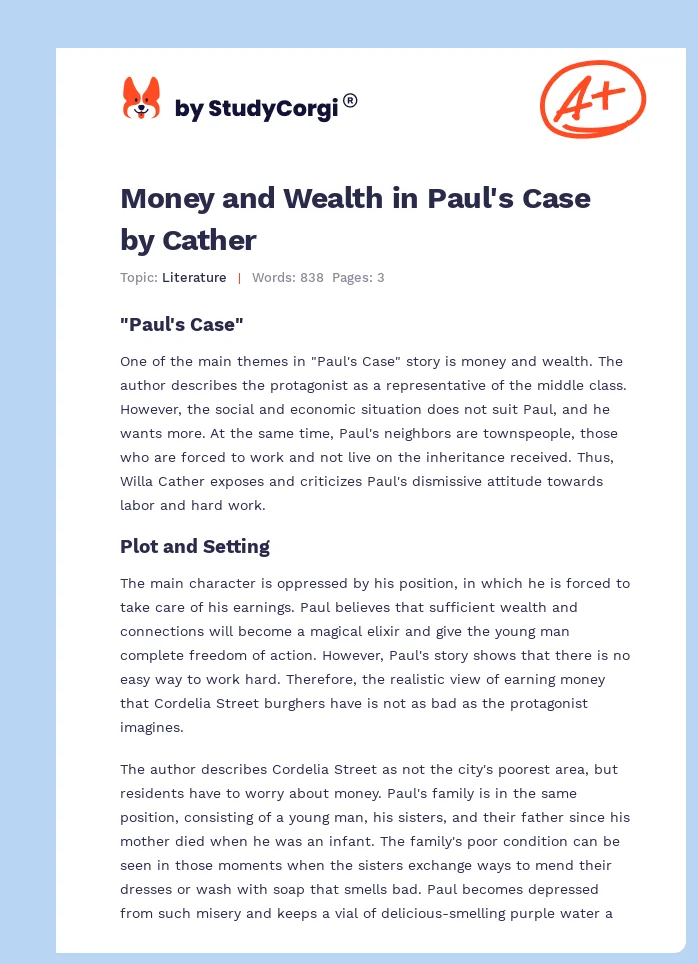 Money and Wealth in Paul's Case by Cather. Page 1