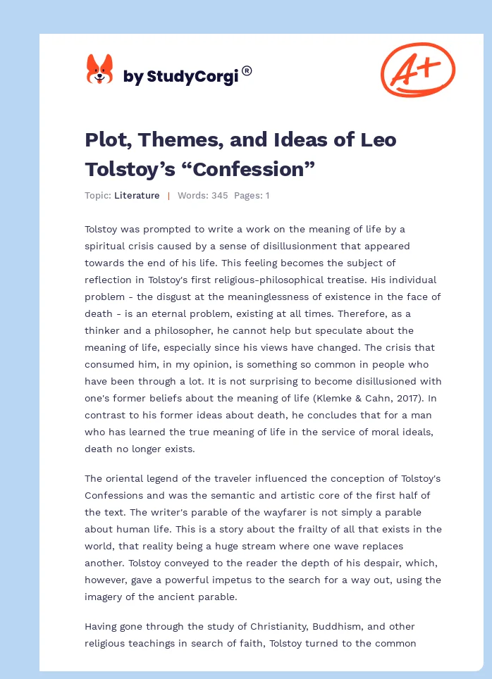 Plot, Themes, and Ideas of Leo Tolstoy’s “Confession”. Page 1