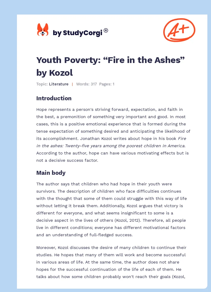 Youth Poverty: “Fire in the Ashes” by Kozol. Page 1