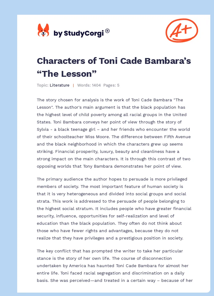 Characters of Toni Cade Bambara’s “The Lesson”. Page 1