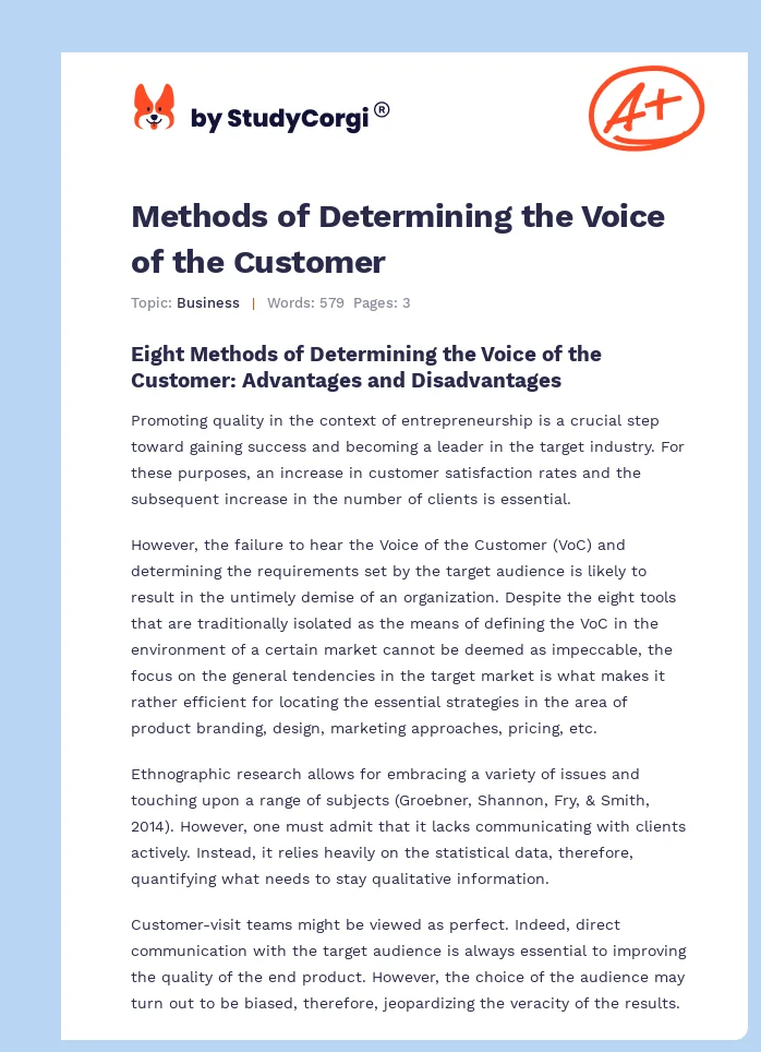 Methods of Determining the Voice of the Customer. Page 1